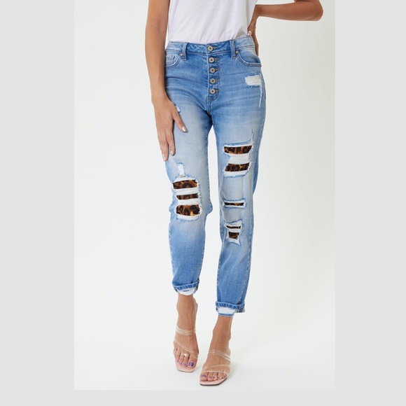 KanCan Denim - KanCan Women High Rise Blue Light Wash Distressed Leopard Patches Jeans size 27